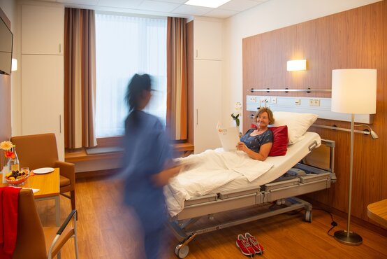 Helles Einzelzimmer mit älterer Patientin im Krankenhausbett, Pflegekraft in blauer Kleidung, Blumen, gedeckter Tisch und große Fensterfront