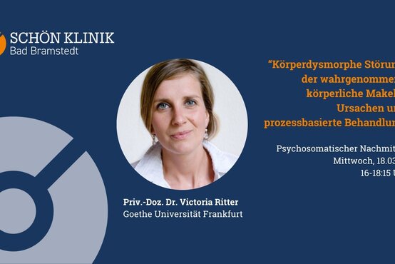 Veranstaltungsplakat mit Porträt von PD Dr. Victoria Ritter zum Vortrag über körperdysmorphe Störung am 18.03.26