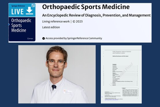 Collage mit Porträt von Prof. Dr. O. Lorbach im Arztkittel, Buchcover Orthopaedic Sports Medicine und Fachartikel zu SLAP-Läsionen