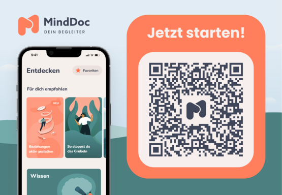 MindDoc-App Werbegrafik mit Smartphone-Ansicht der App-Oberfläche und QR-Code zum Download.