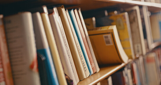 Nahaufnahme eines Bücherregals mit verschiedenfarbigen Büchern, ein Buch liegt quer